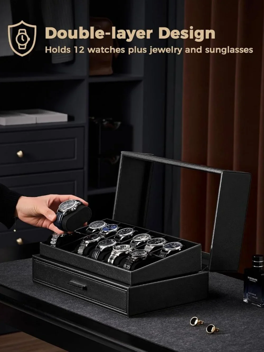 12-Slot Men's Watch Display Box - Elegant Black Storage Organizer for Watches